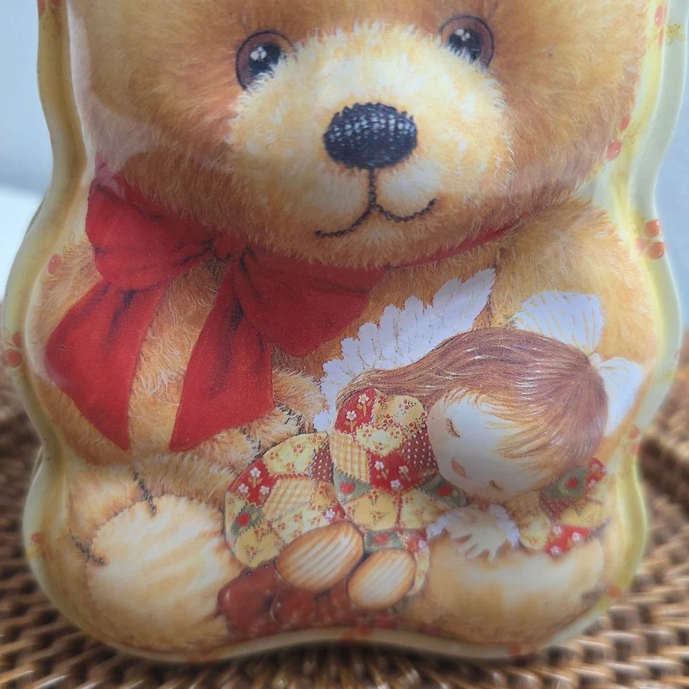 Vintage Christmas Teddy‎ Bear Shaped Tin Box Patchwork Quilt Print With Angel